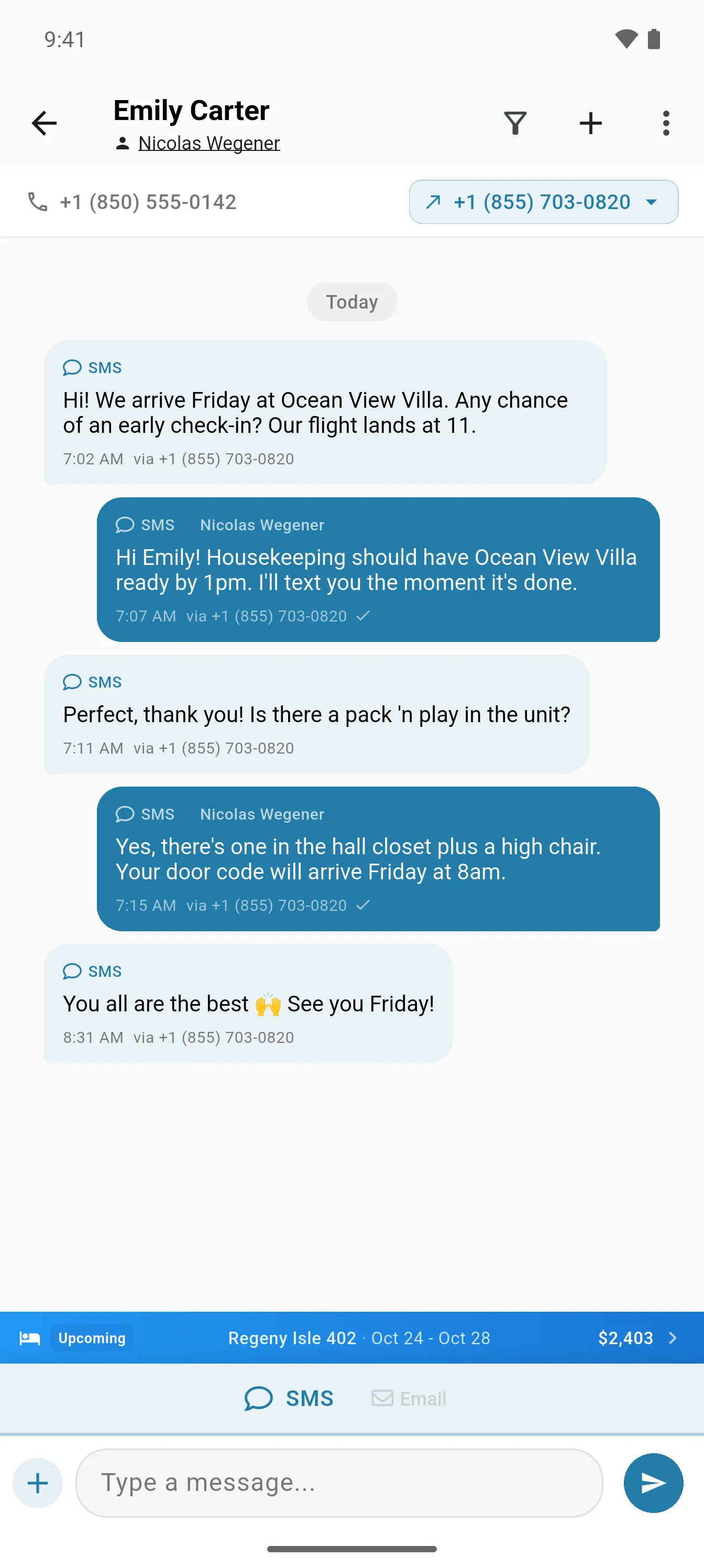 SendSquared mobile guest conversation thread