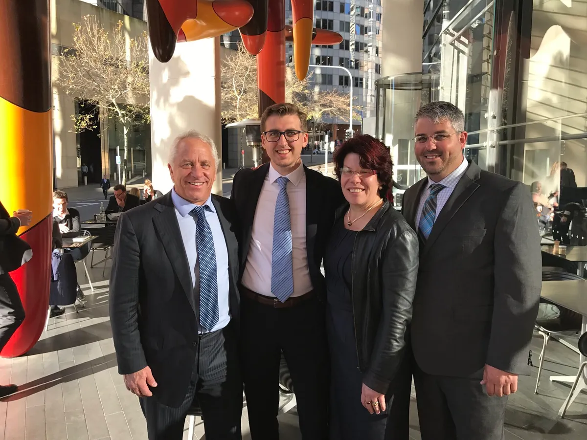 Nicolas Wegener and Greg LeMond with colleagues after the Deakin University licensing agreement, Australia, 2017