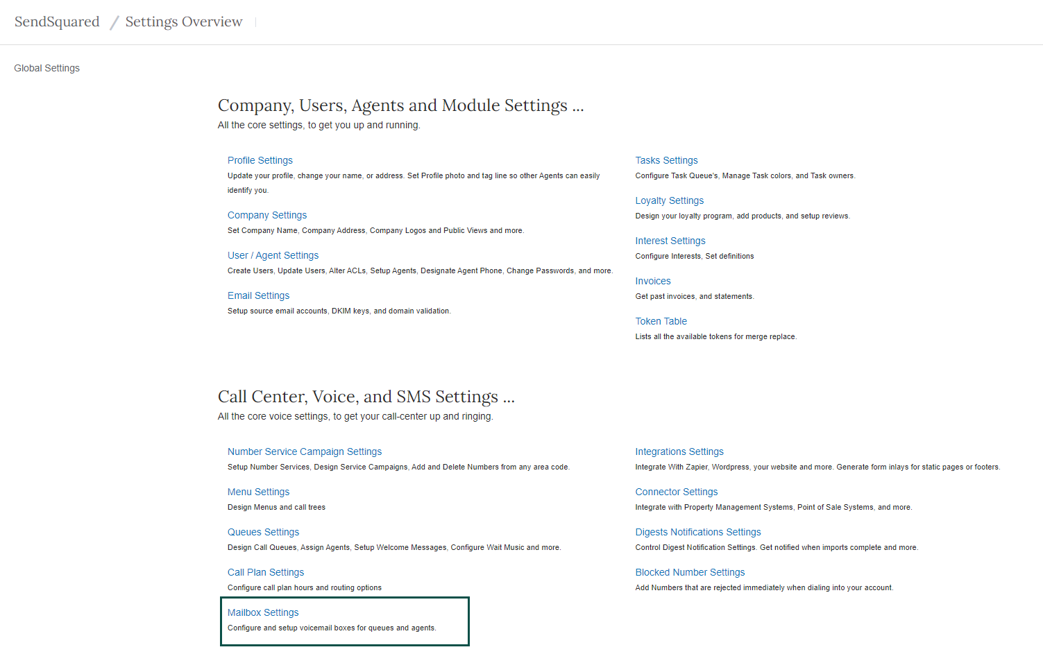 Setting up Voicemail Boxes SendSquared