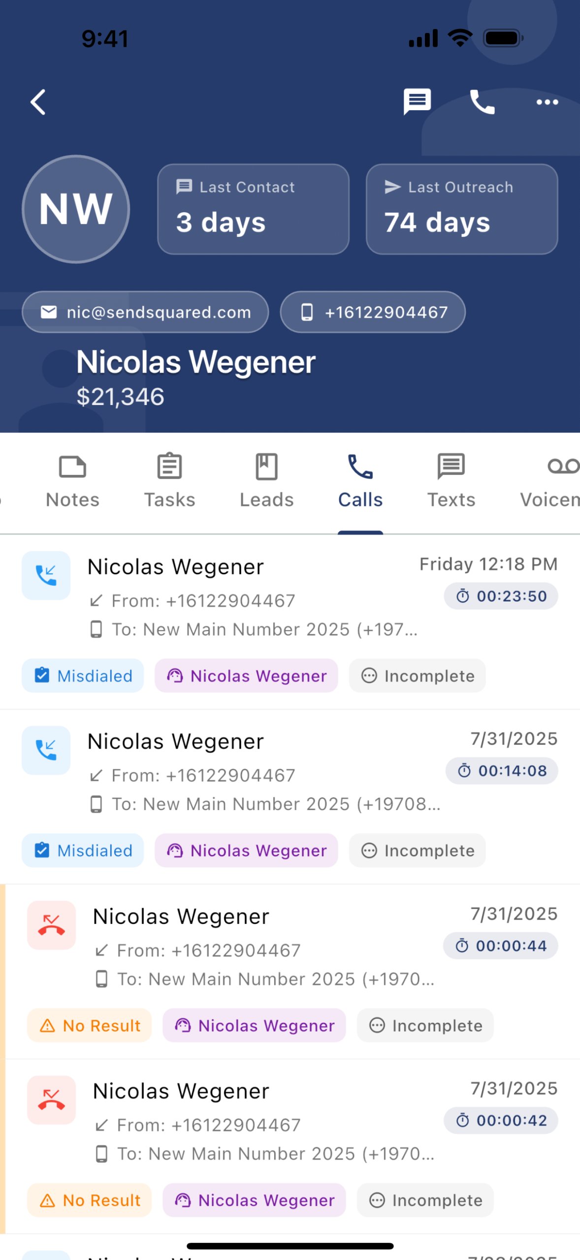 SendSquared CRM Mobile Interface